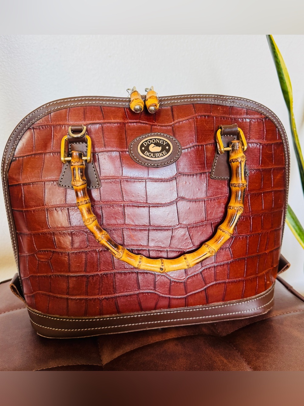 Vintage Dooney & Bourke Bayou Croc Embossed Leather Bamboo Satchel Crossbody